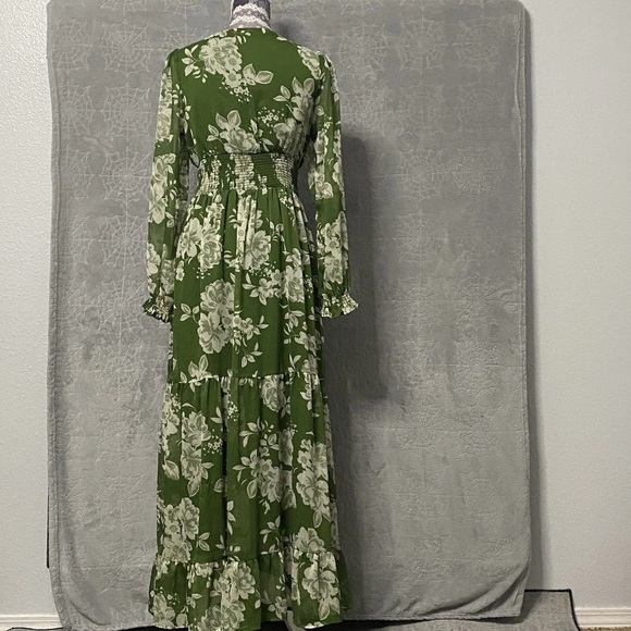 Patrons of Peace Maxi Dress Womens M Green White Floral Empire Waist Long Sleeve - Picture 4 of 10